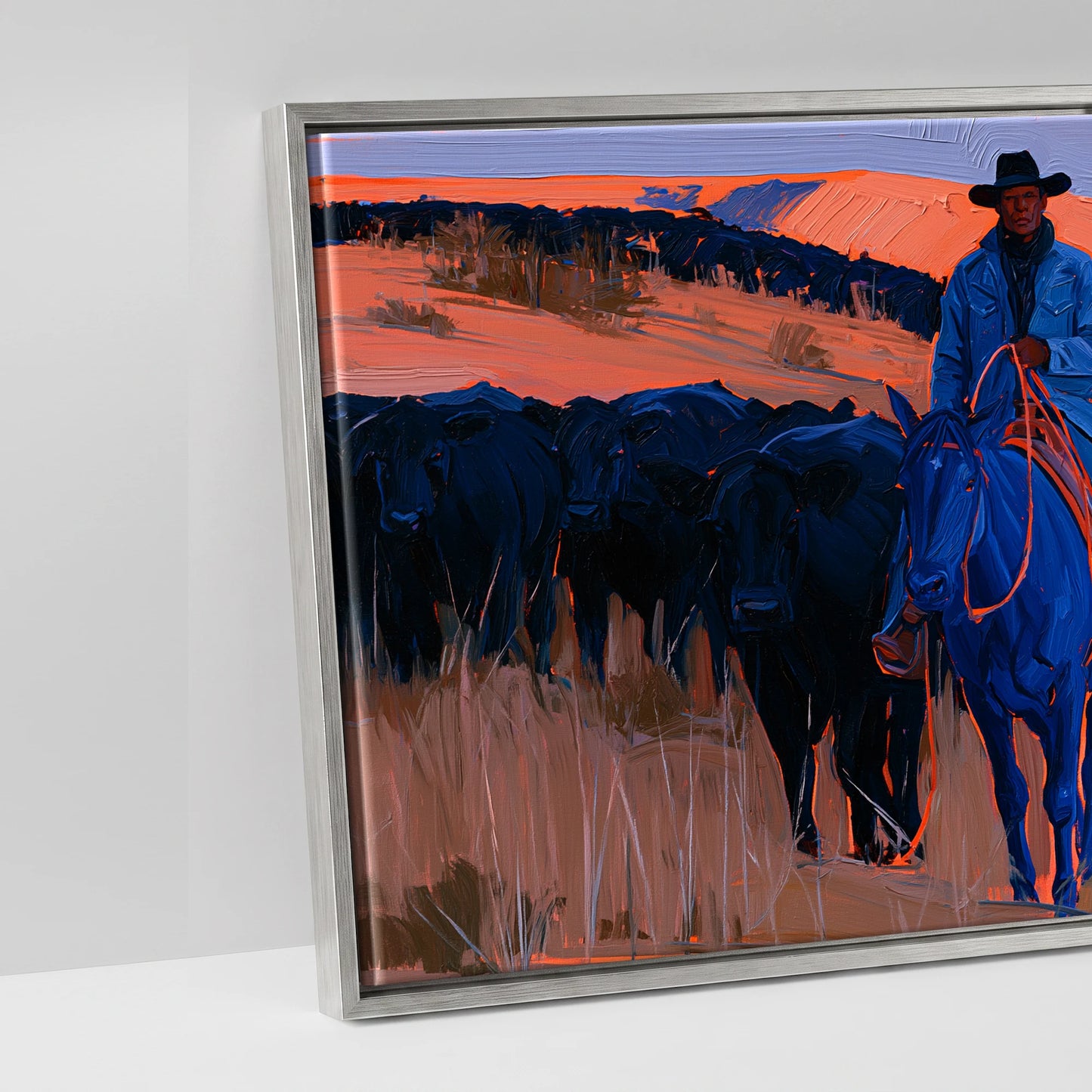 Indigo Western Trail - artwork detail in an antique silver float frame