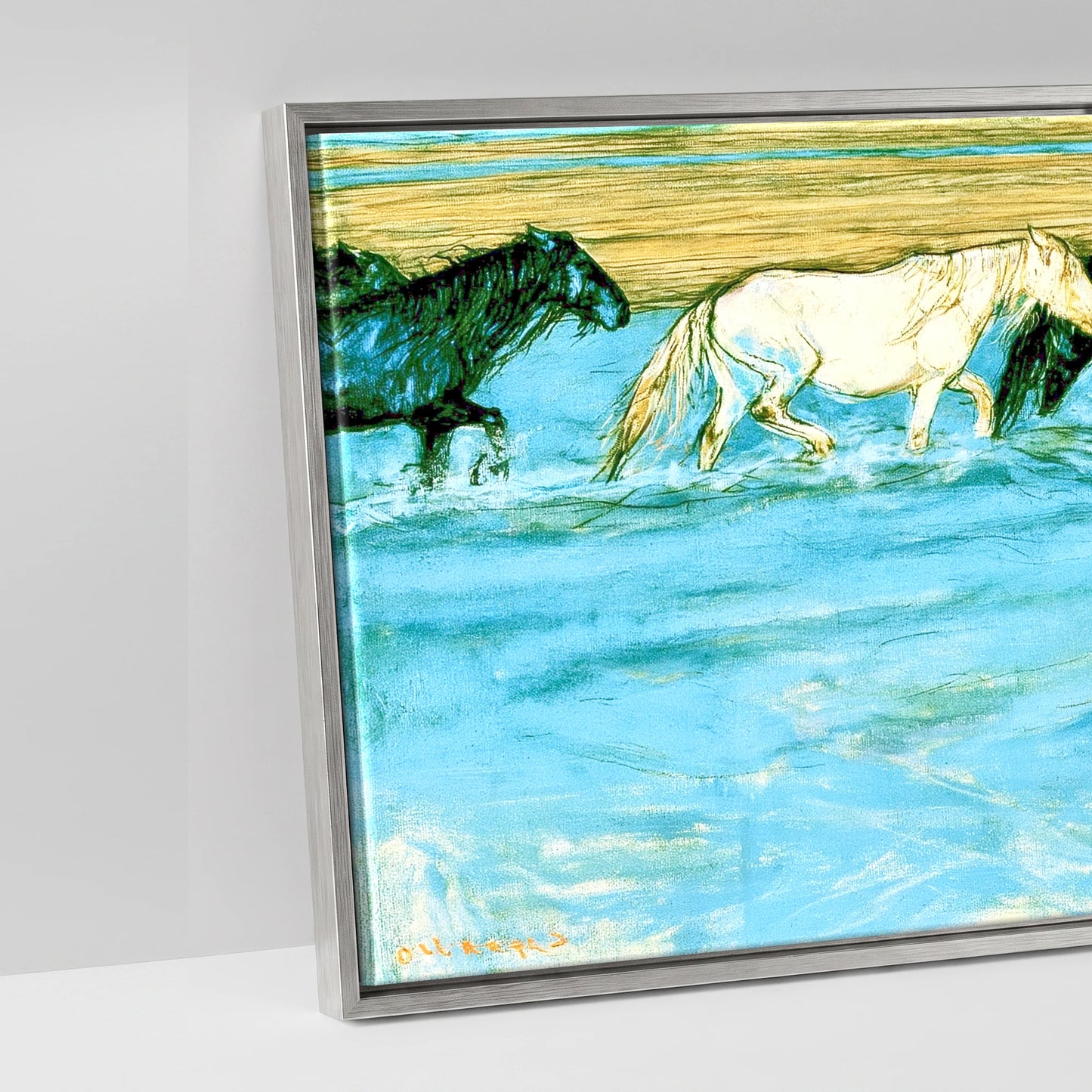 Painted Herd in Azure - artwork detail in an antique silver float frame