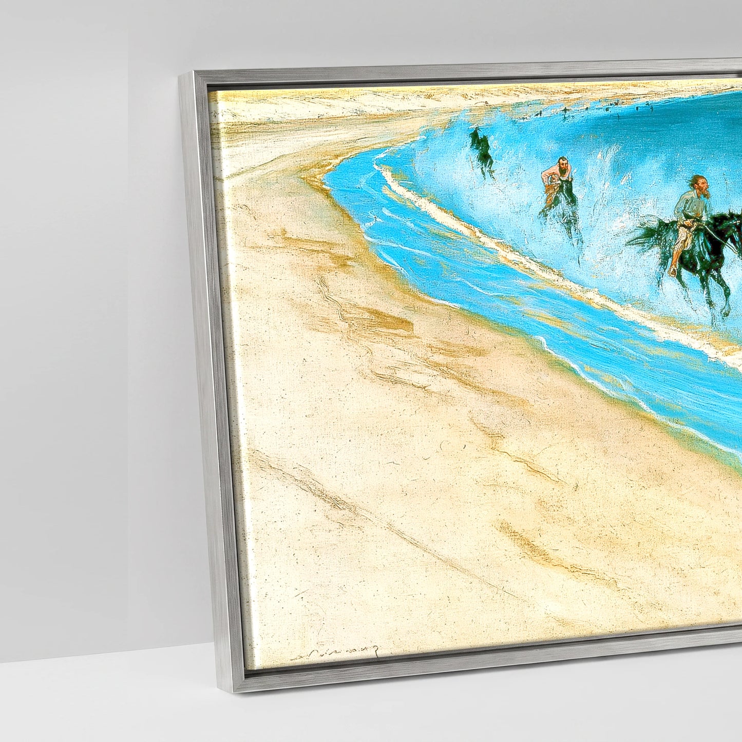 Galloping Through the Surf - artwork detail in an antique silver float frame