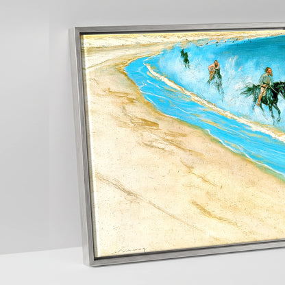 Galloping Through the Surf - artwork detail in an antique silver float frame