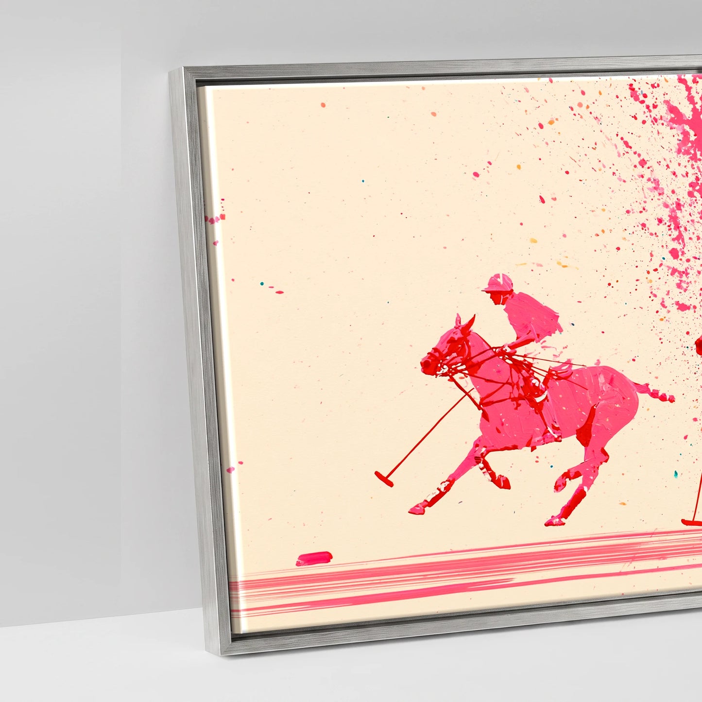 Magenta Polo Rush - artwork detail in an antique silver float frame