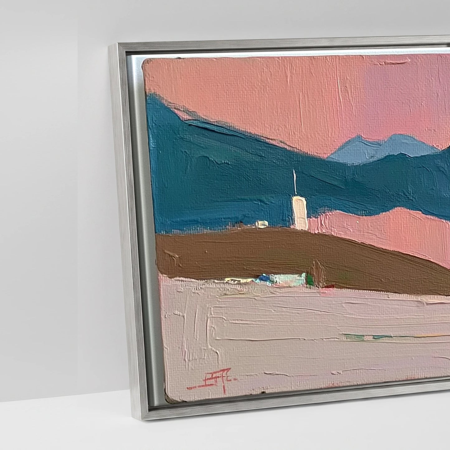 Rose and Teal Horizon - artwork detail in an antique silver float frame