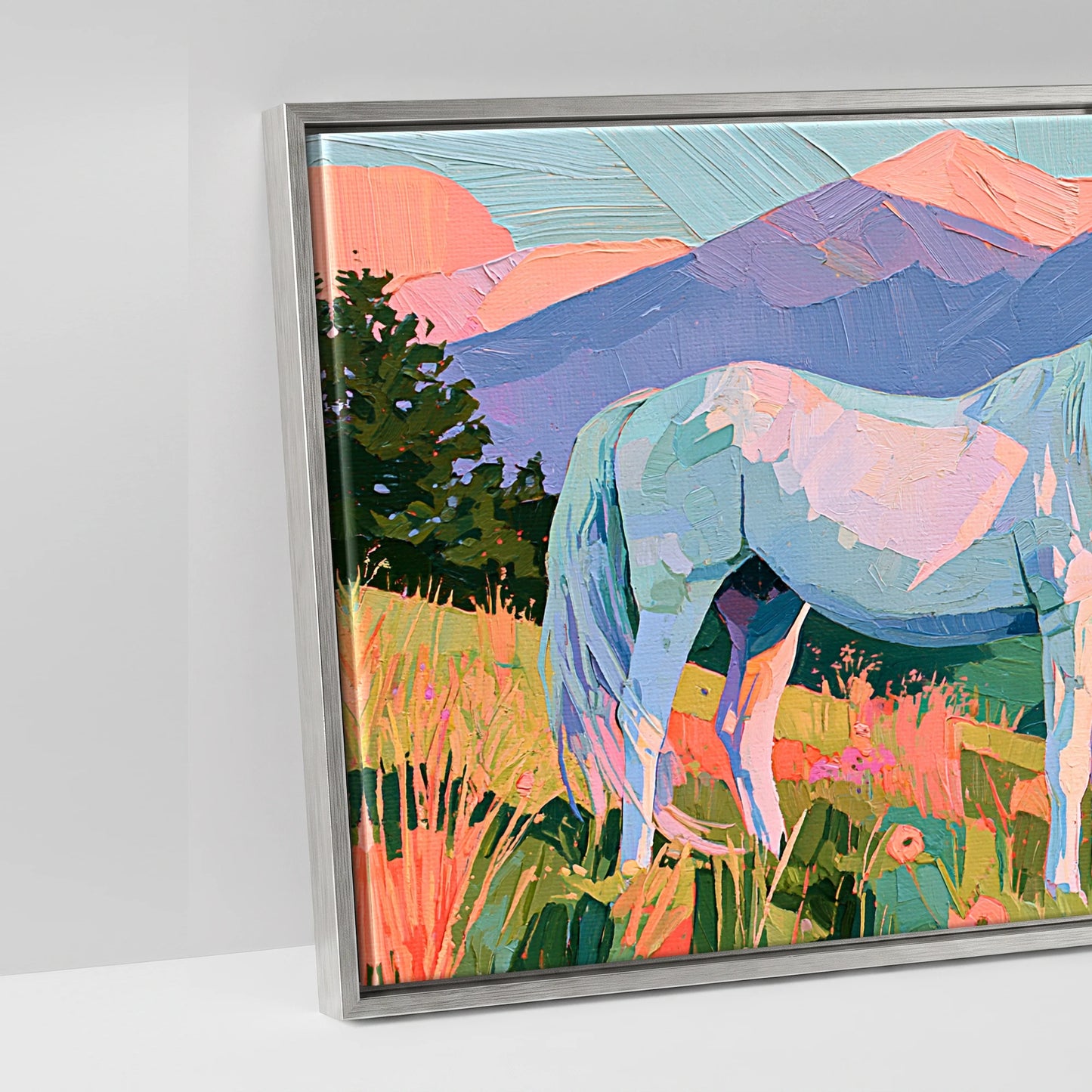 Vibrant Alpine Dawn - artwork detail in an antique silver float frame