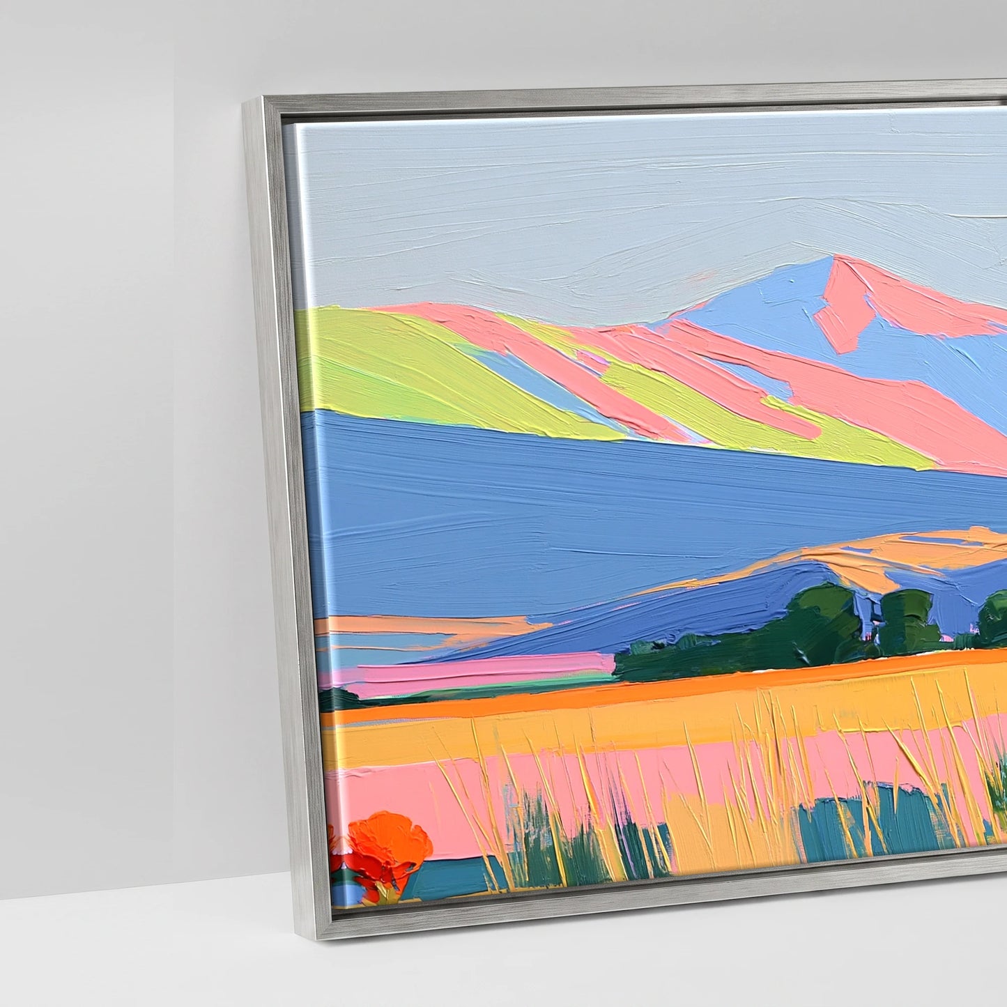 Technicolour Mountain Pasture - artwork detail in an antique silver float frame