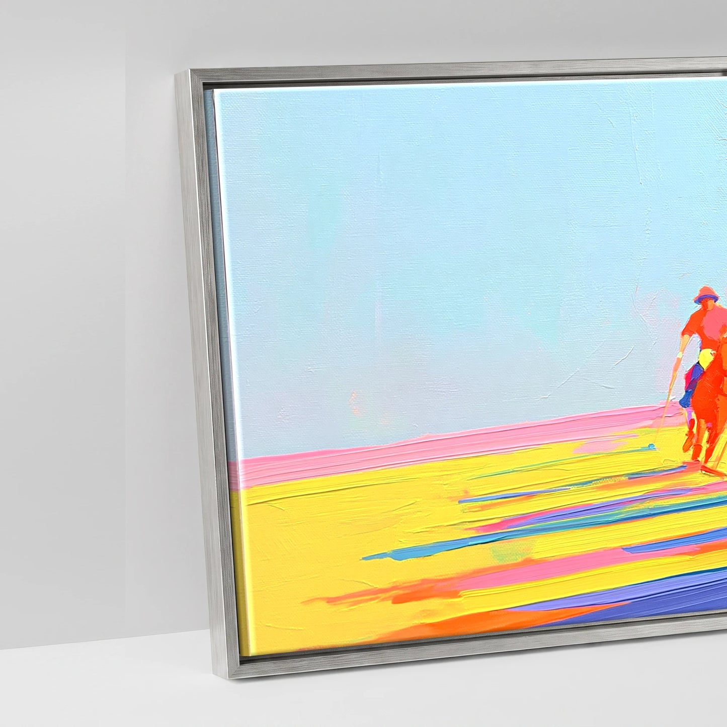 Technicolour Polo Charge - artwork detail in an antique silver float frame