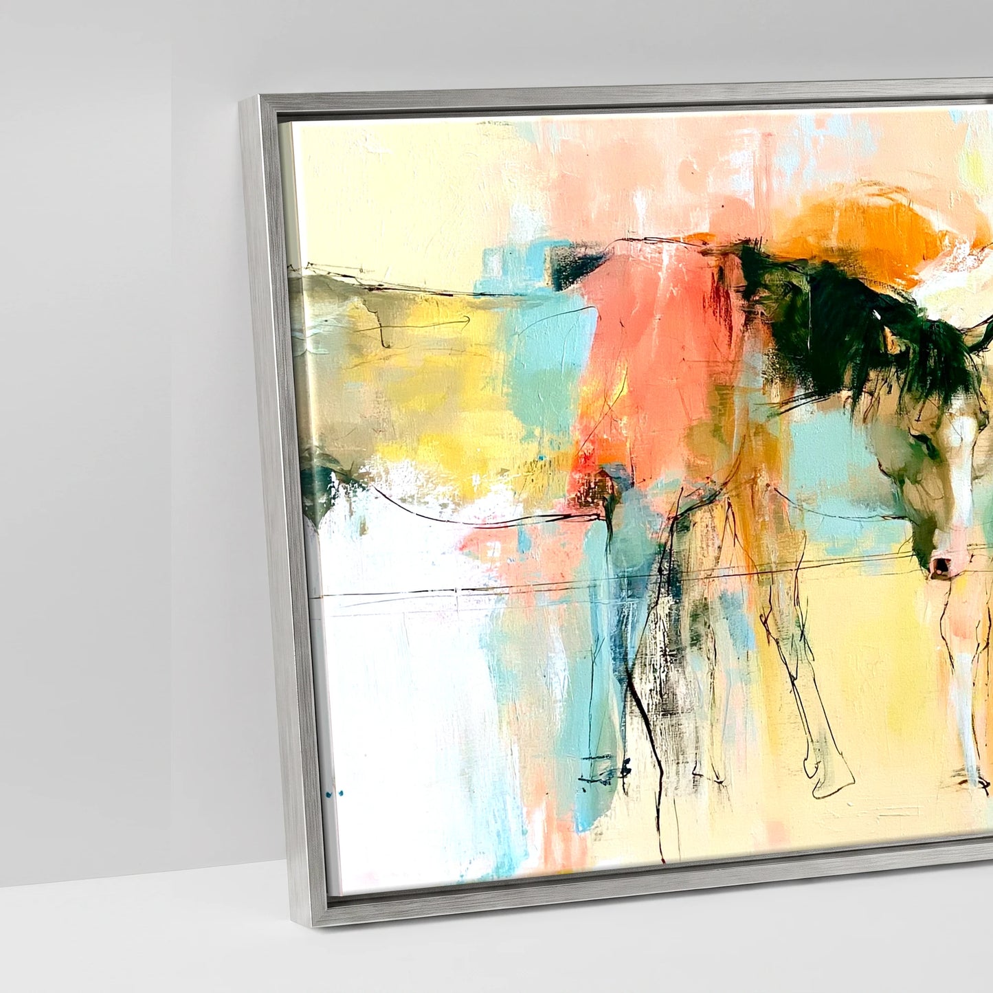 Vibrant Pasture Companions - artwork detail in an antique silver float frame