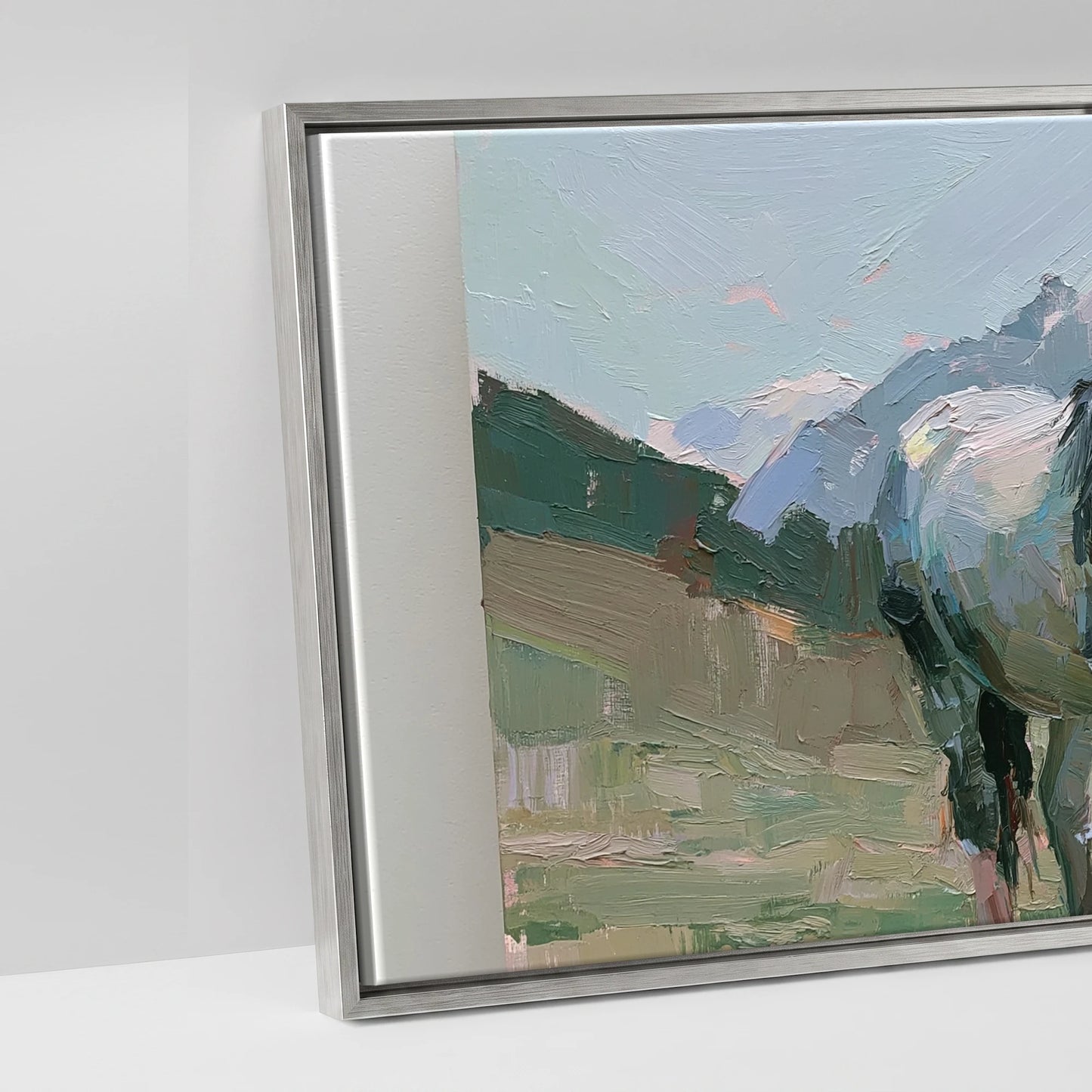 Pastures Beneath the Peaks - artwork detail in an antique silver float frame