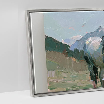 Pastures Beneath the Peaks - artwork detail in an antique silver float frame