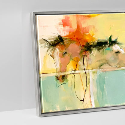 Vibrant Stable Companions - artwork detail in an antique silver float frame