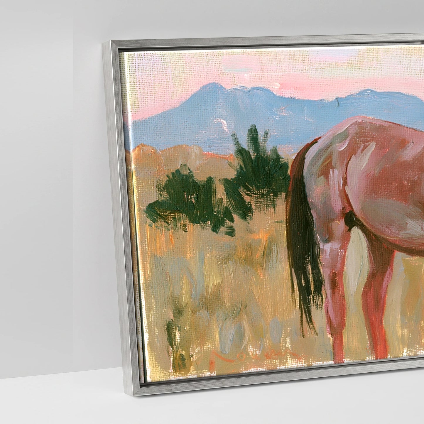 Pastel Mountain Morning - artwork detail in an antique silver float frame