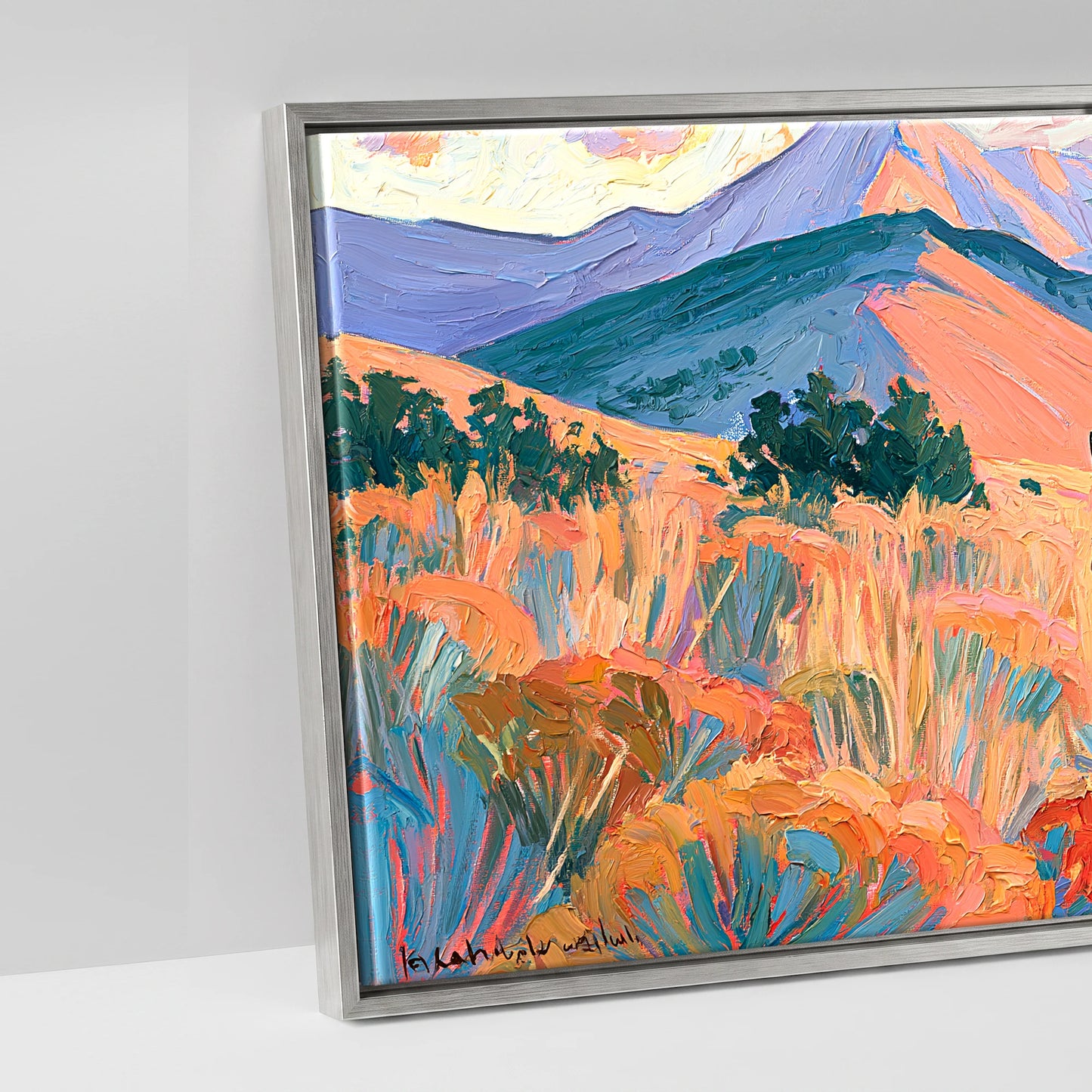 Vibrant Painted Pasture - artwork detail in an antique silver float frame