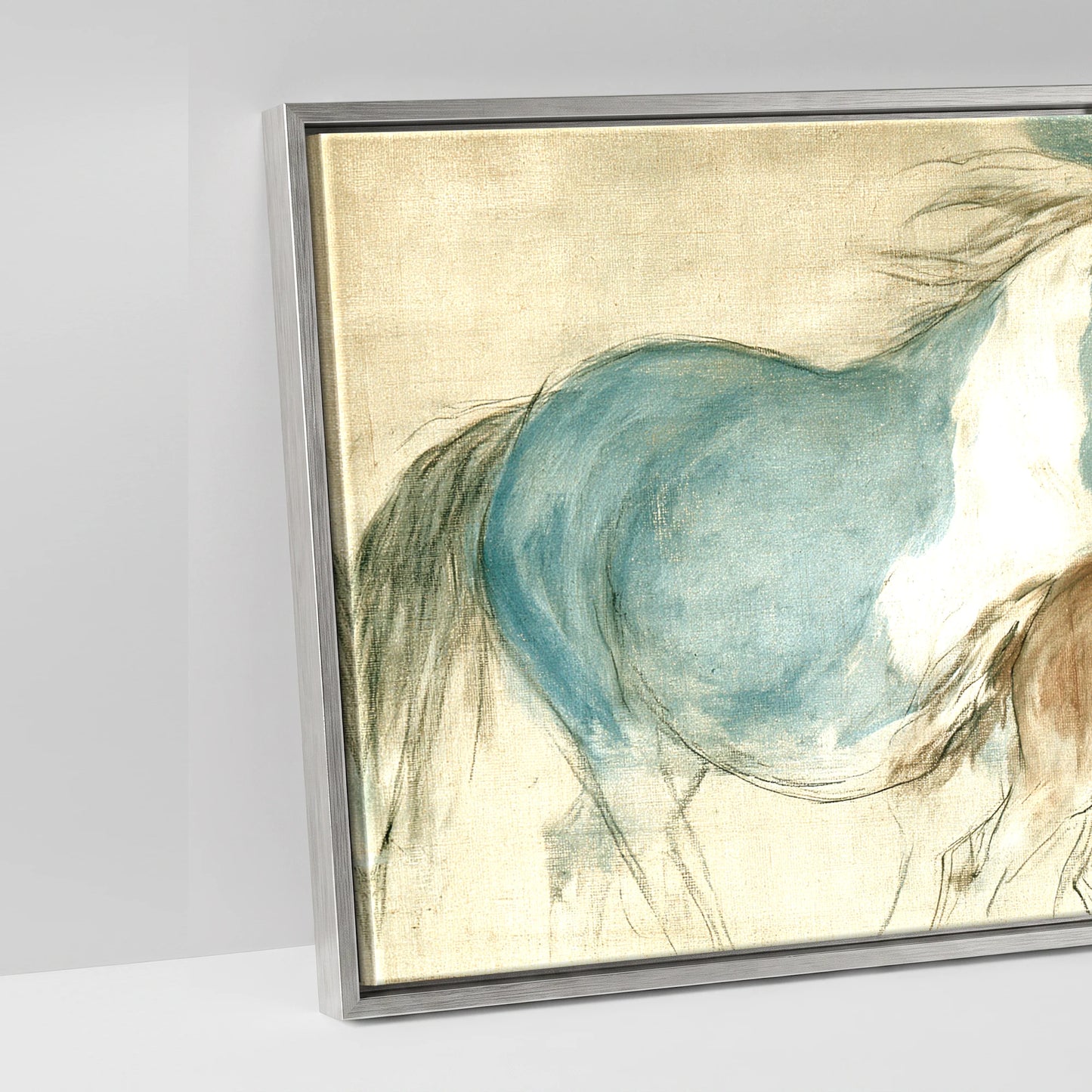 Teal and Parchment Herd - artwork detail in an antique silver float frame