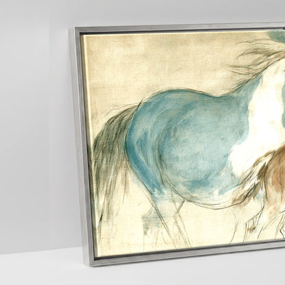 Teal and Parchment Herd - artwork detail in an antique silver float frame