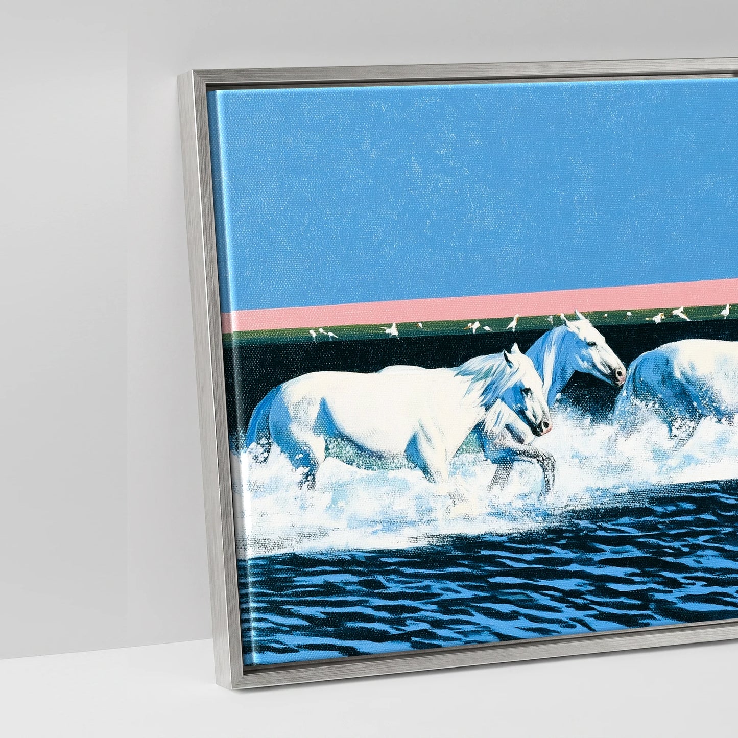 Azure Coastal Gallop - artwork detail in an antique silver float frame