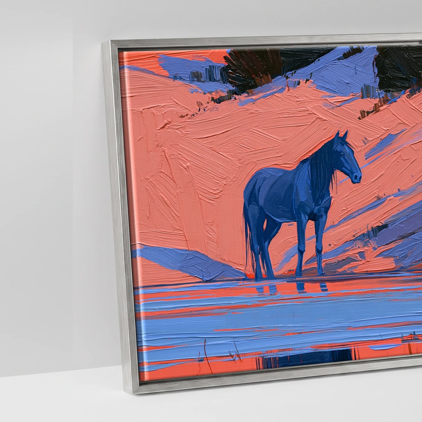 Indigo and Coral Herd - artwork detail in an antique silver float frame