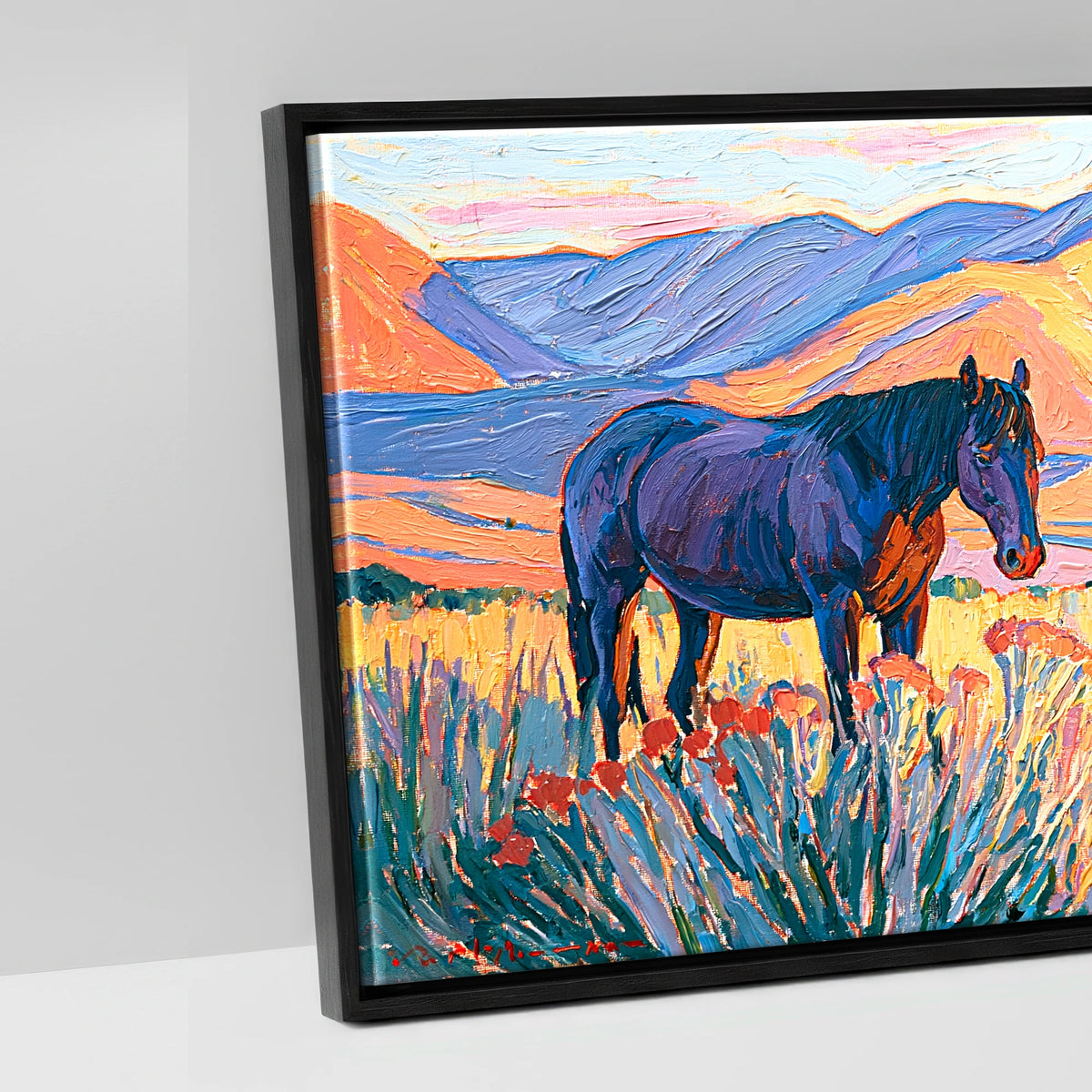 Vibrant Mountain Pasture - artwork detail in a black float frame
