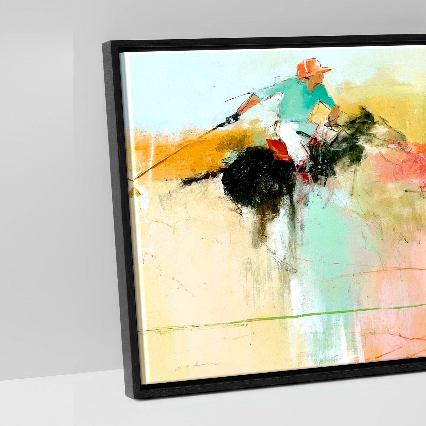 Vibrant Polo Pursuit - artwork detail in a black float frame