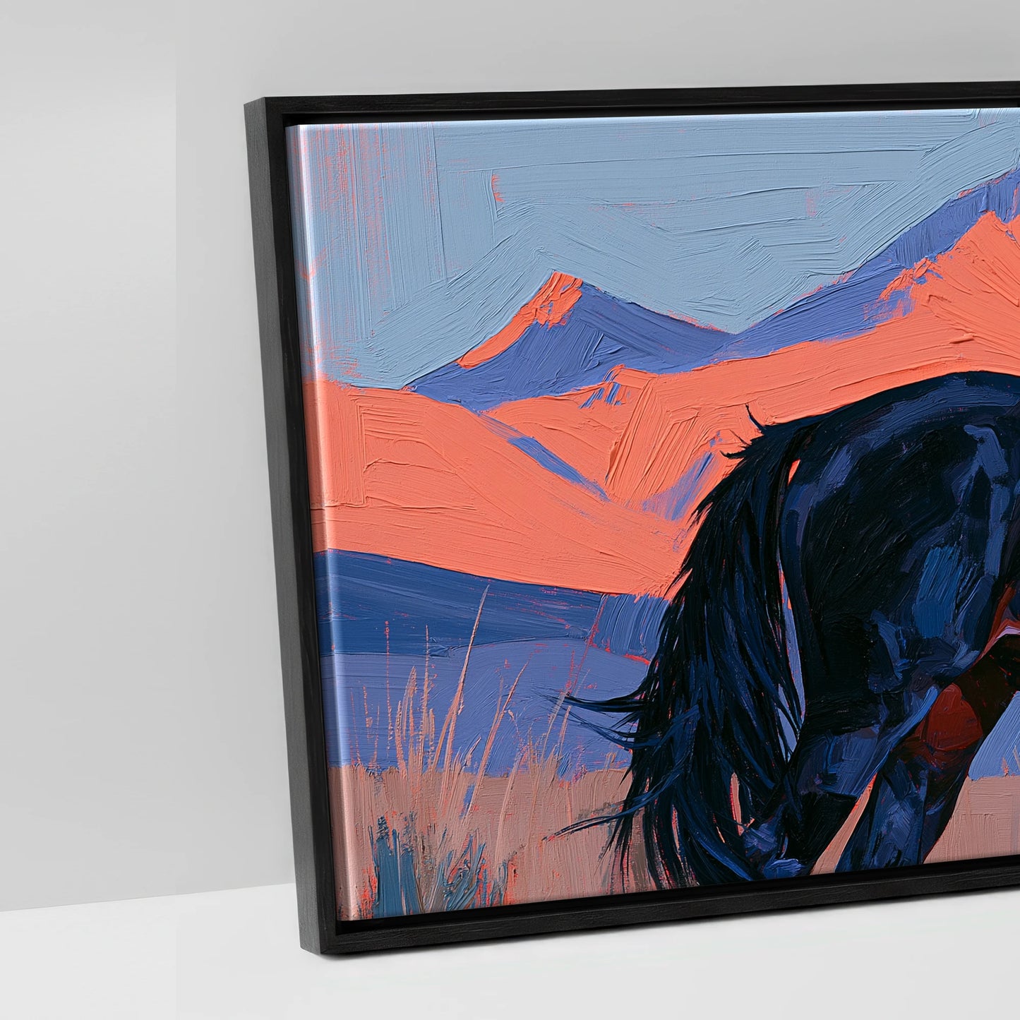 Coral Peaks and Indigo - artwork detail in a black float frame