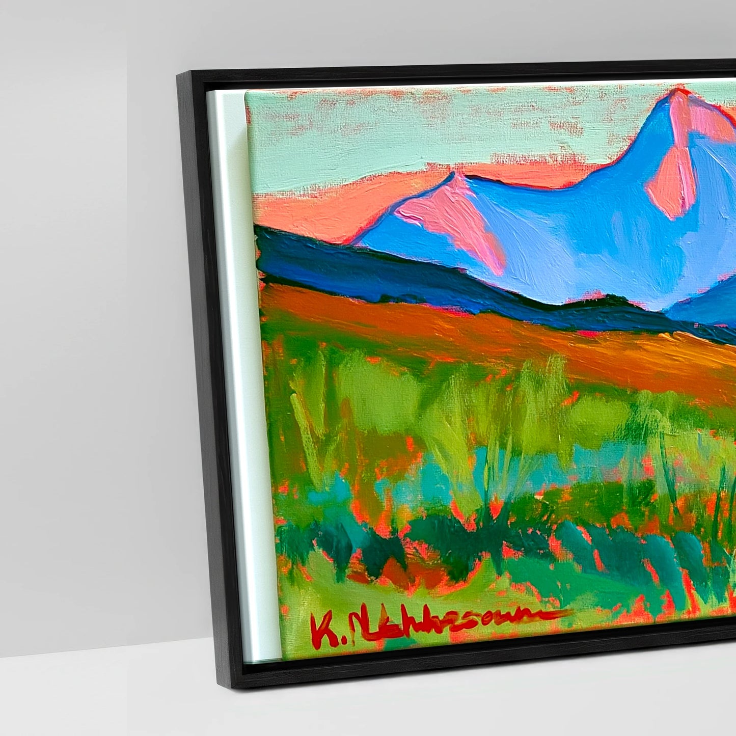 Technicolour Mountain Grazing - artwork detail in a black float frame