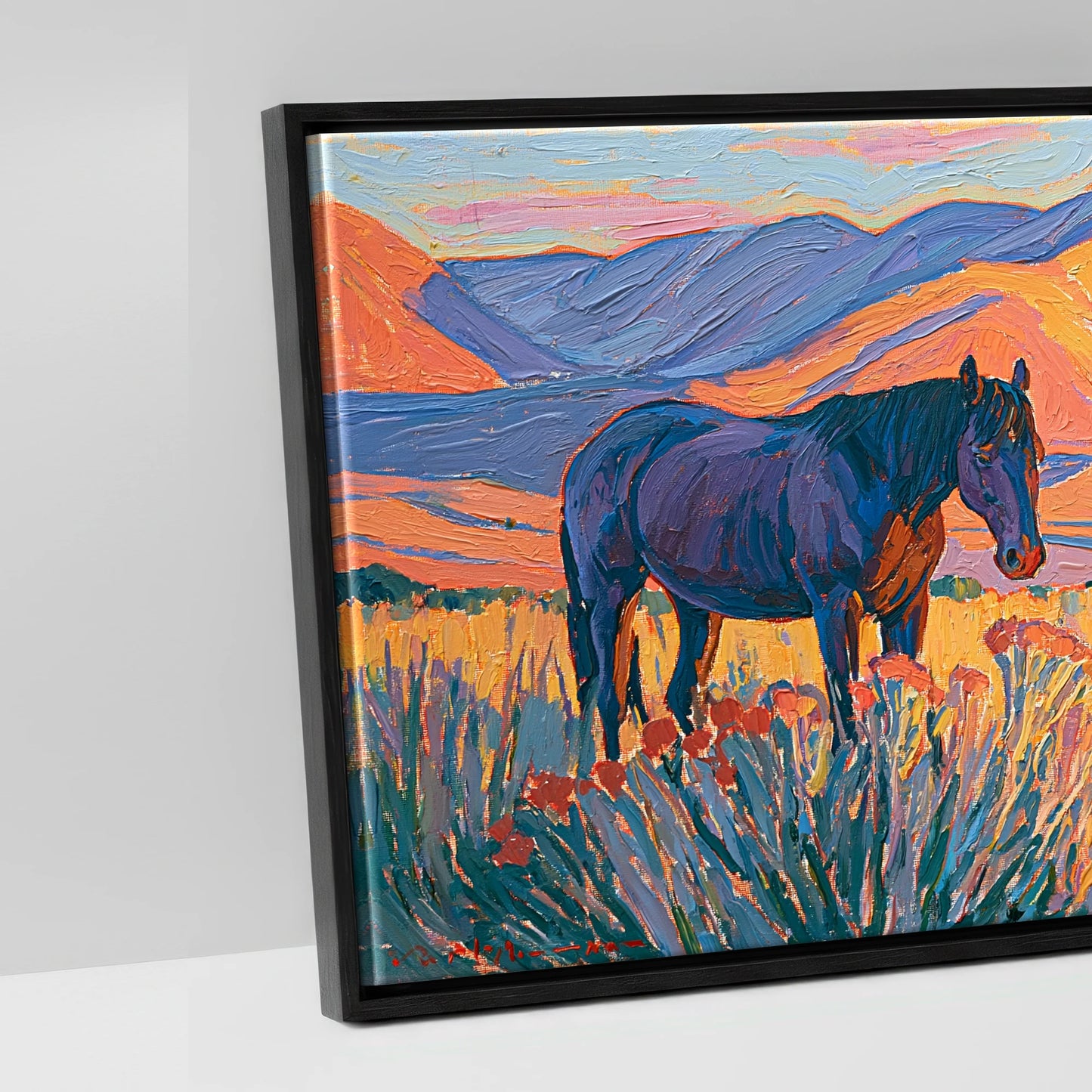 Vibrant Mountain Pasture - artwork detail in a black float frame