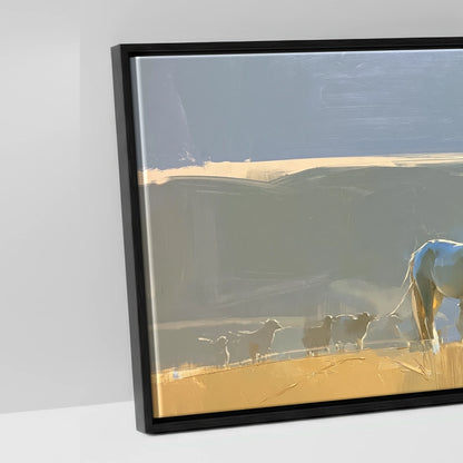 Sunlit Pasture Gathering - artwork detail in a black float frame