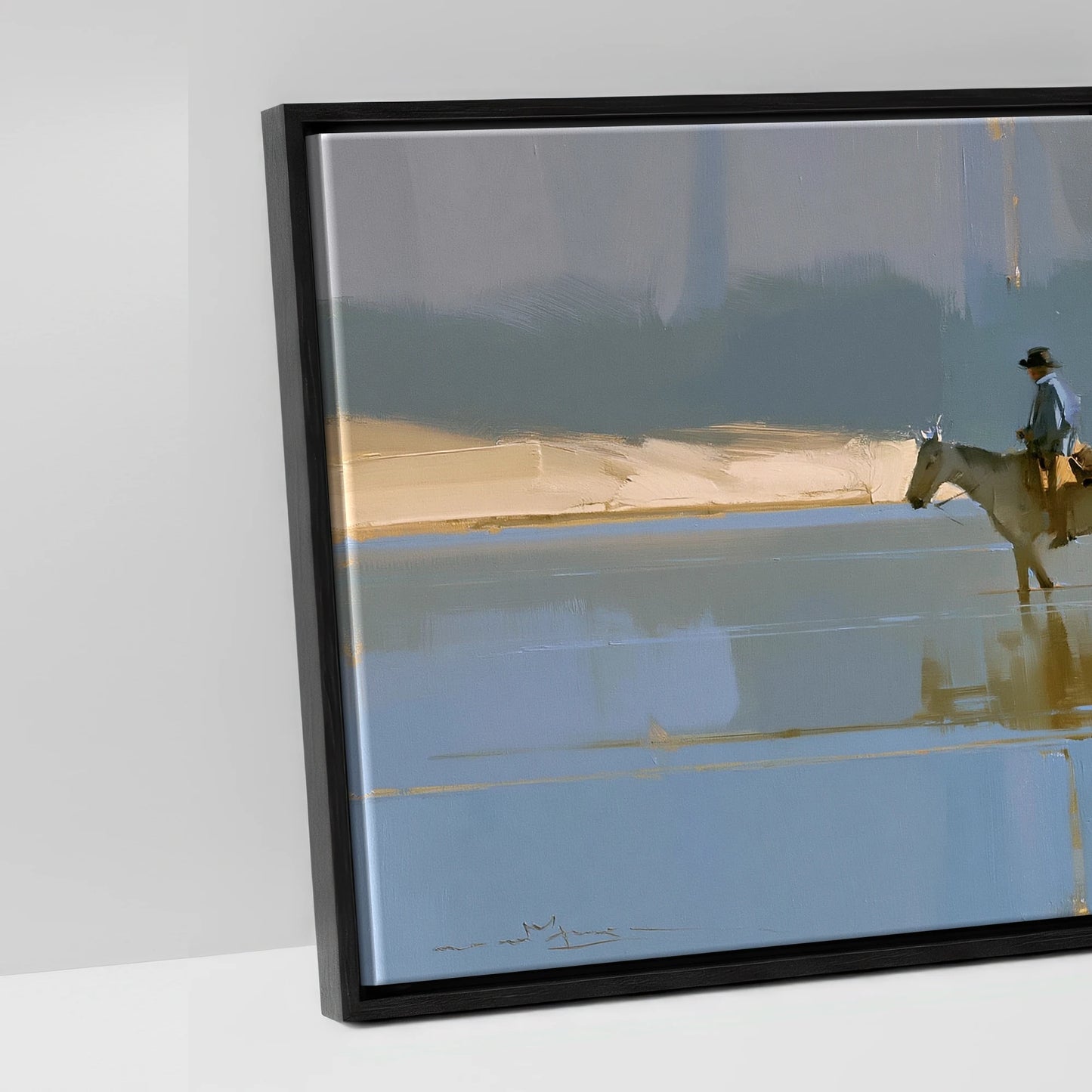 Sunlit River Crossing - artwork detail in a black float frame