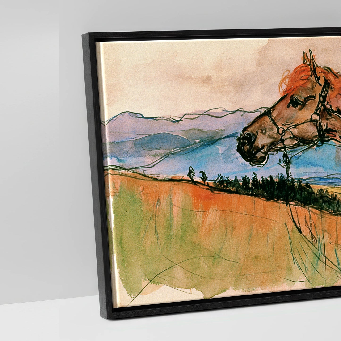 Mountain Spirit in Ochre - artwork detail in a black float frame