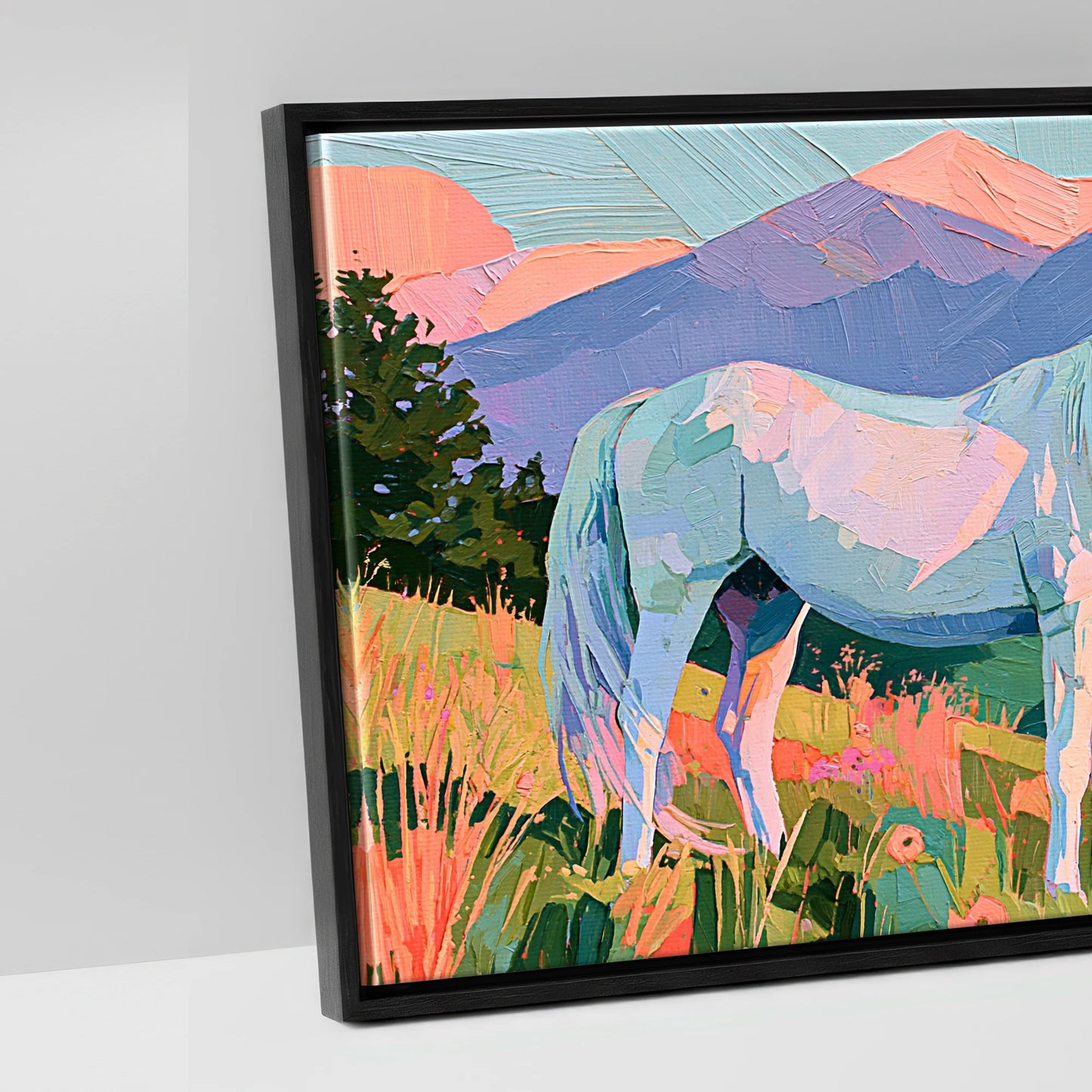Vibrant Alpine Dawn - artwork detail in a black float frame