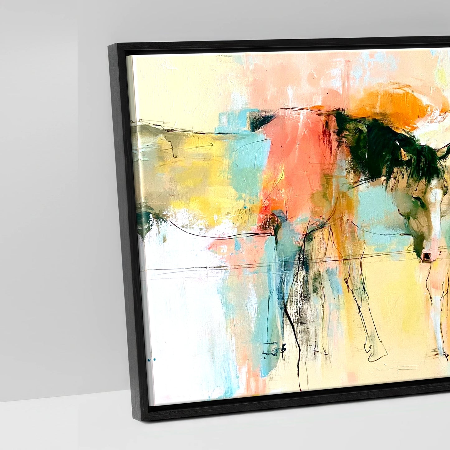Vibrant Pasture Companions - artwork detail in a black float frame
