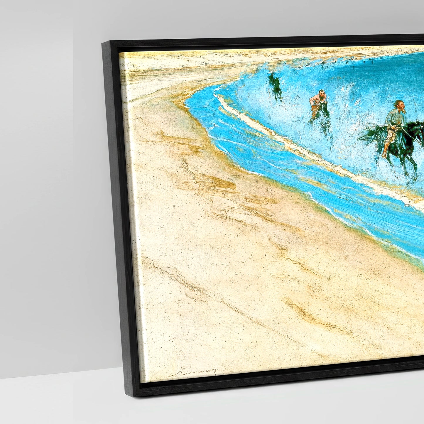 Galloping Through the Surf - artwork detail in a black float frame