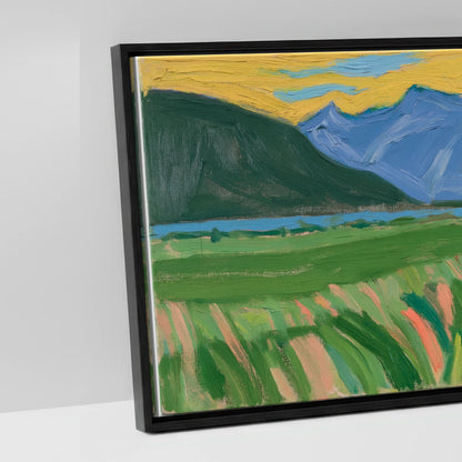 Vibrant Mountain Pasture - artwork detail in a black float frame