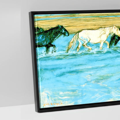 Painted Herd in Azure - artwork detail in a black float frame
