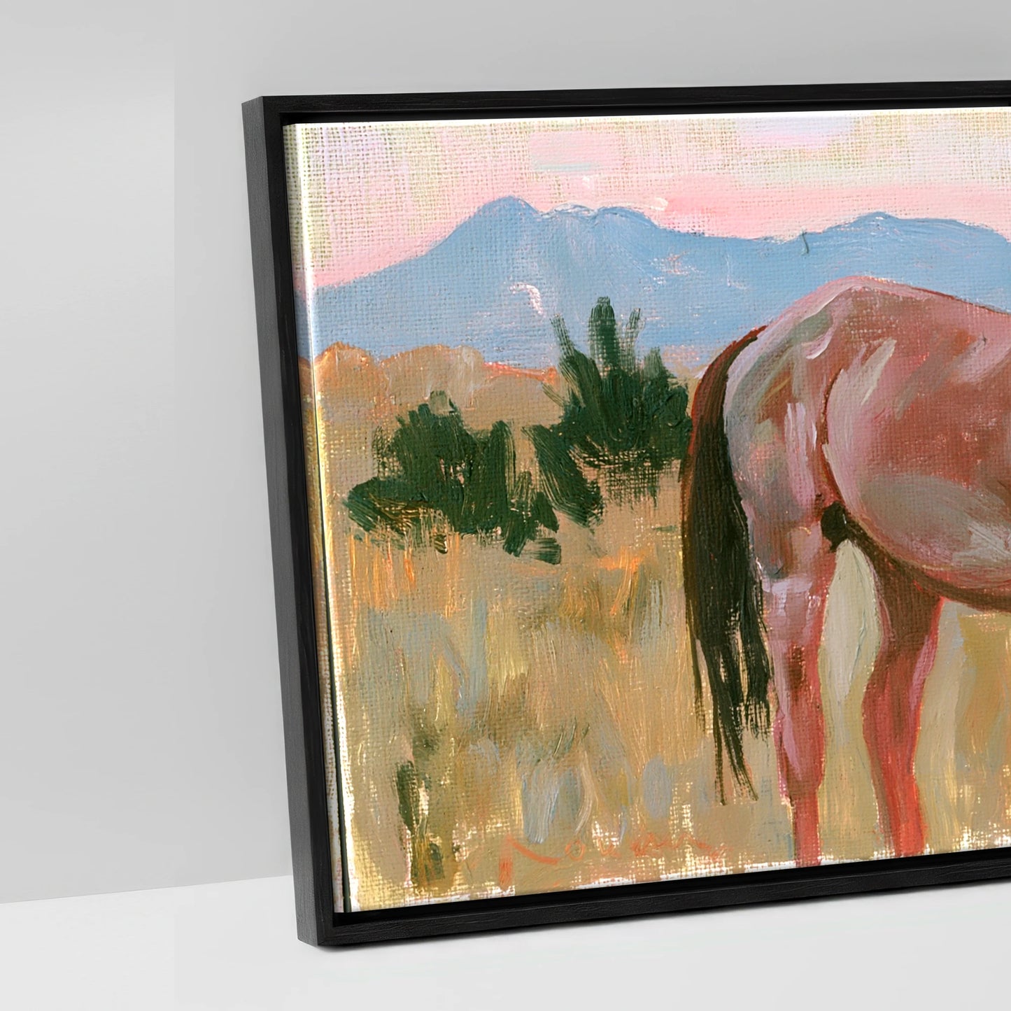 Pastel Mountain Morning - artwork detail in a black float frame