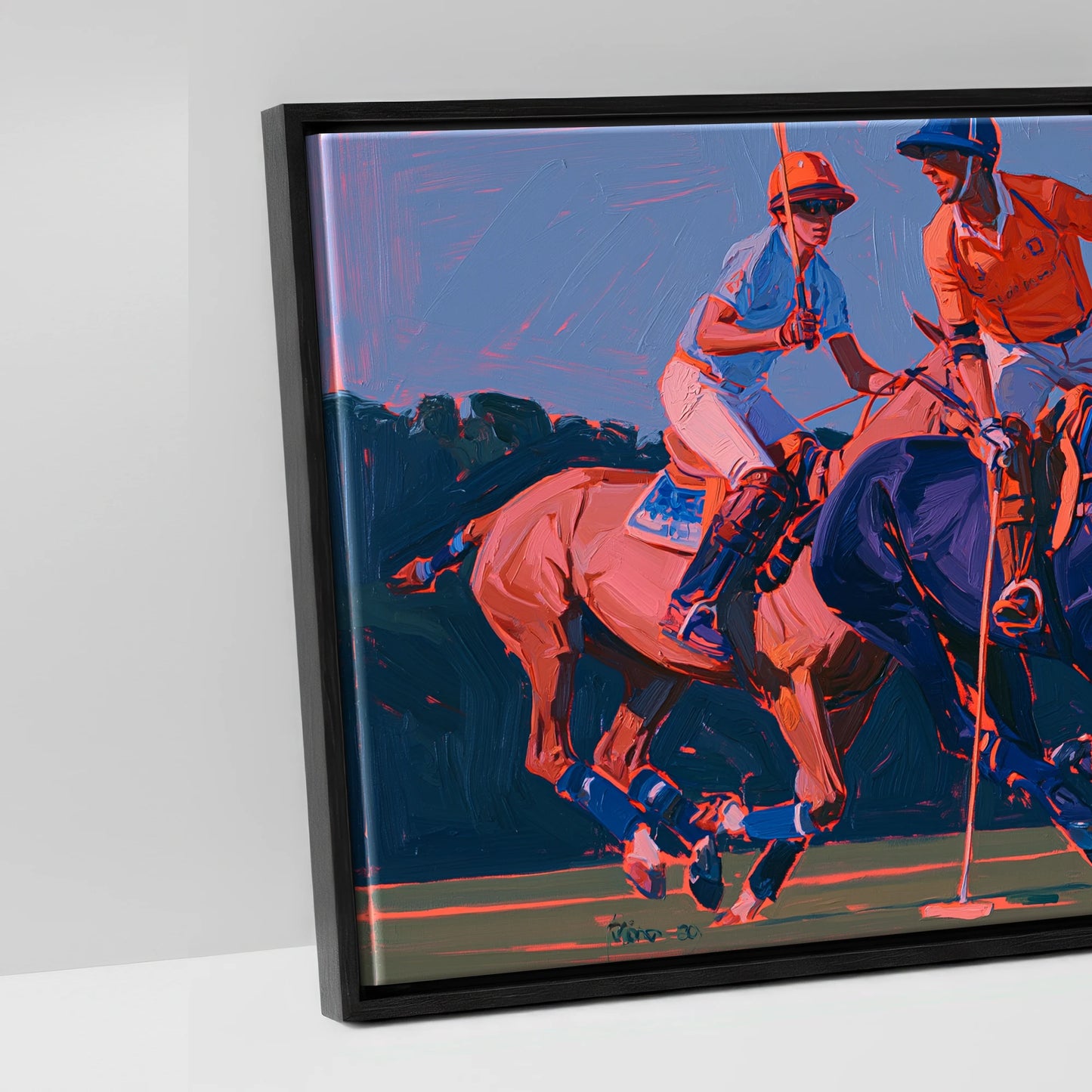Vibrant Polo Charge - artwork detail in a black float frame