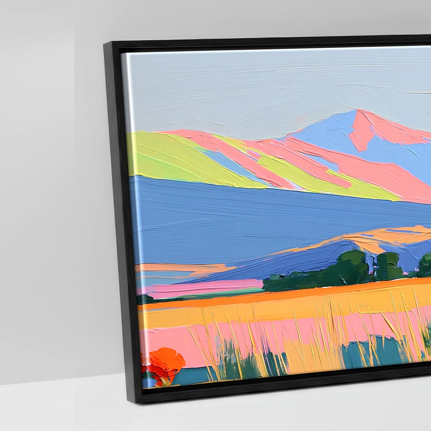 Technicolour Mountain Pasture - artwork detail in a black float frame
