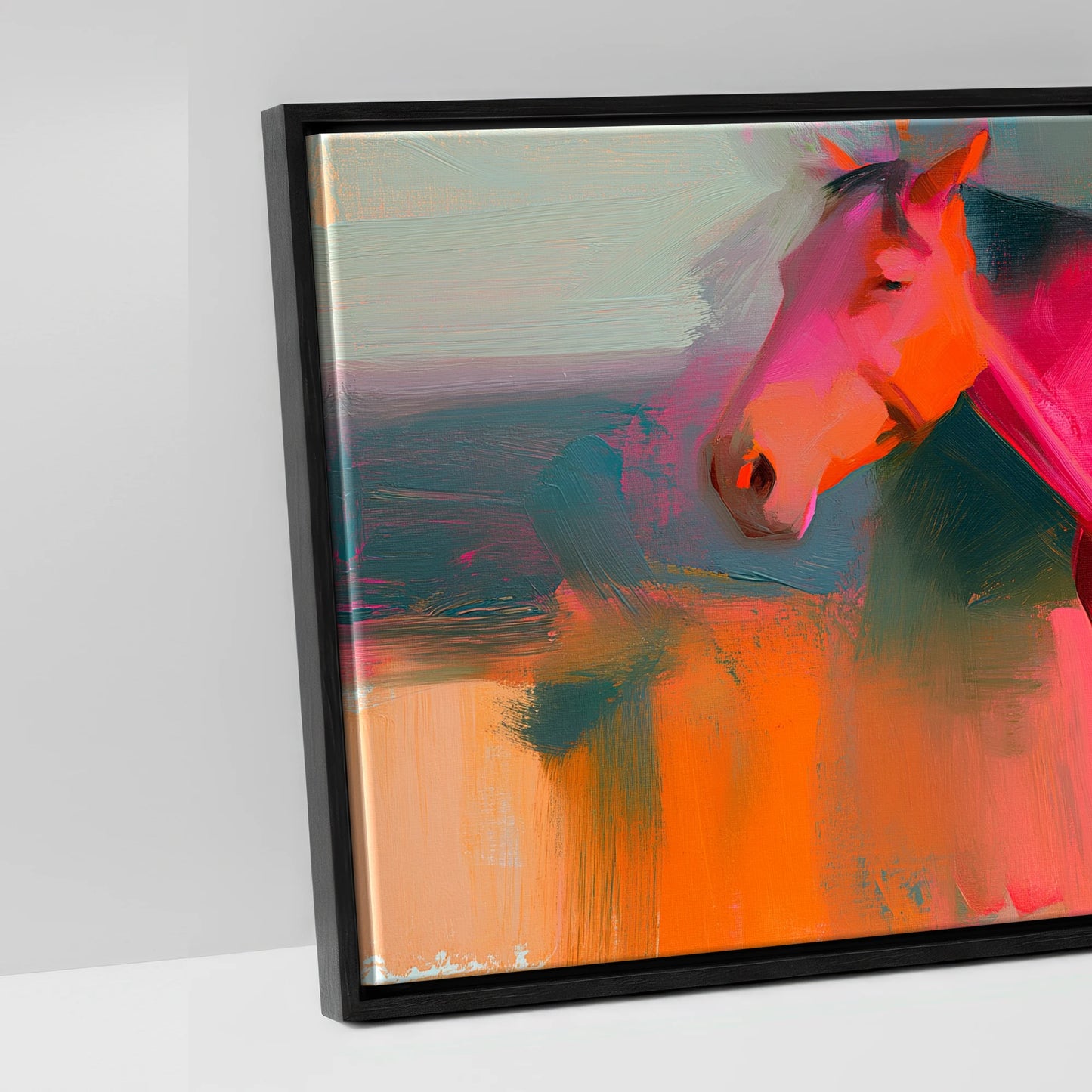 Vibrant Equine Horizon - artwork detail in a black float frame