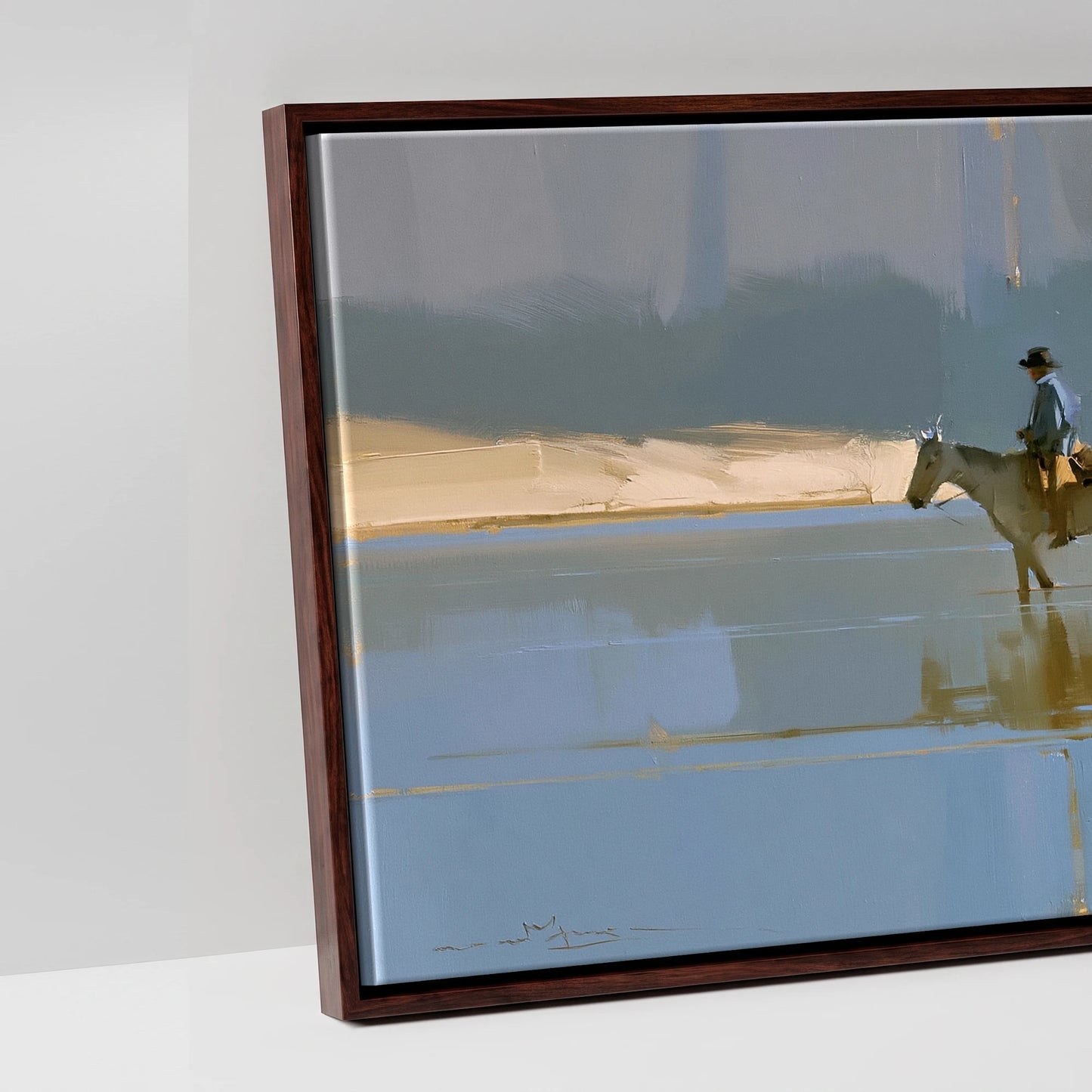 Sunlit River Crossing - artwork detail in a brown float frame