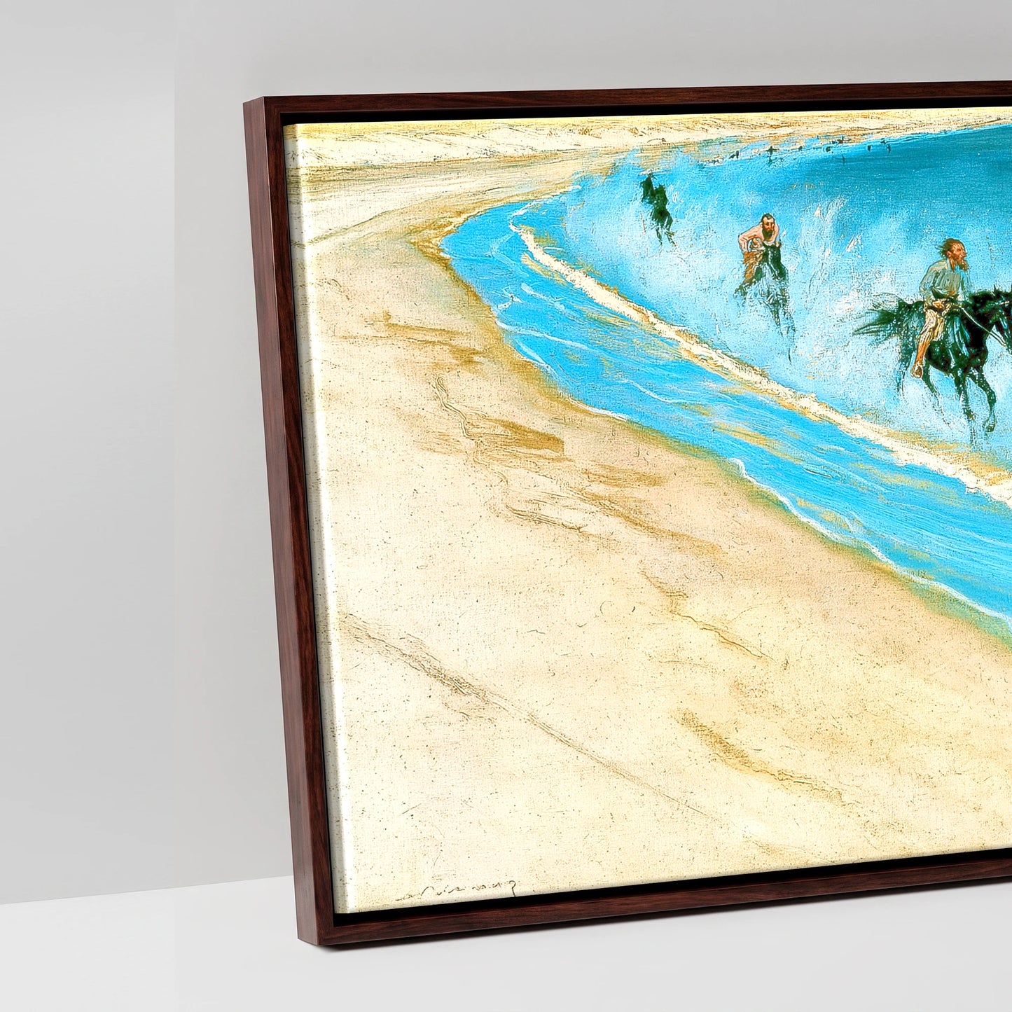 Galloping Through the Surf - artwork detail in a brown float frame