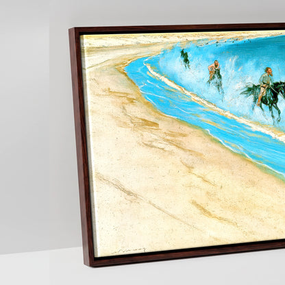 Galloping Through the Surf - artwork detail in a brown float frame