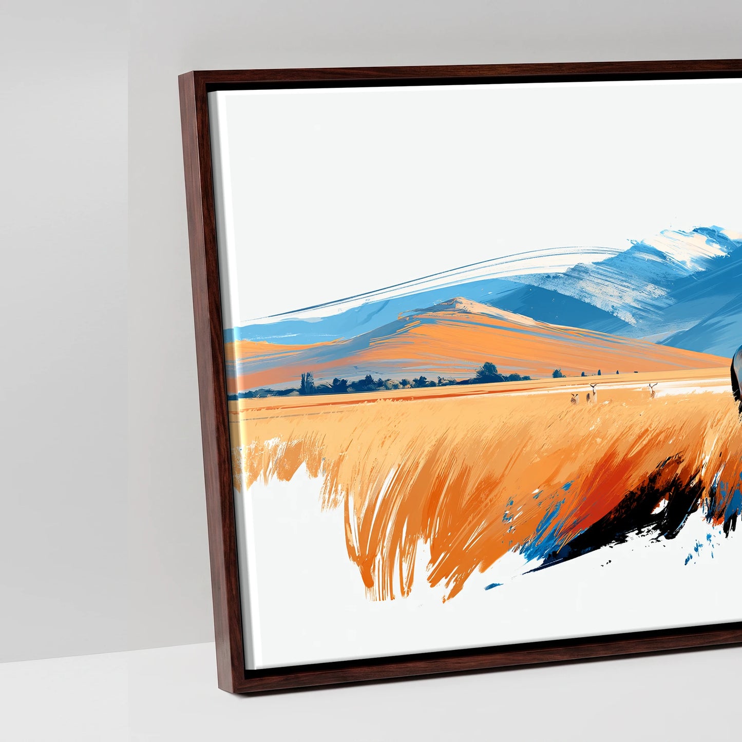 Painted Plains - artwork detail in a brown float frame