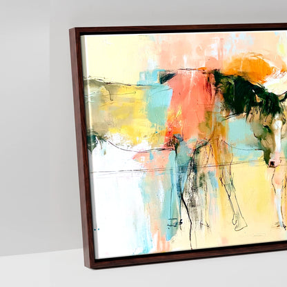 Vibrant Pasture Companions - artwork detail in a brown float frame