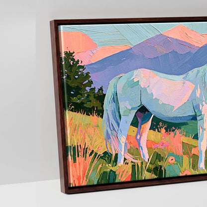 Vibrant Alpine Dawn - artwork detail in a brown float frame