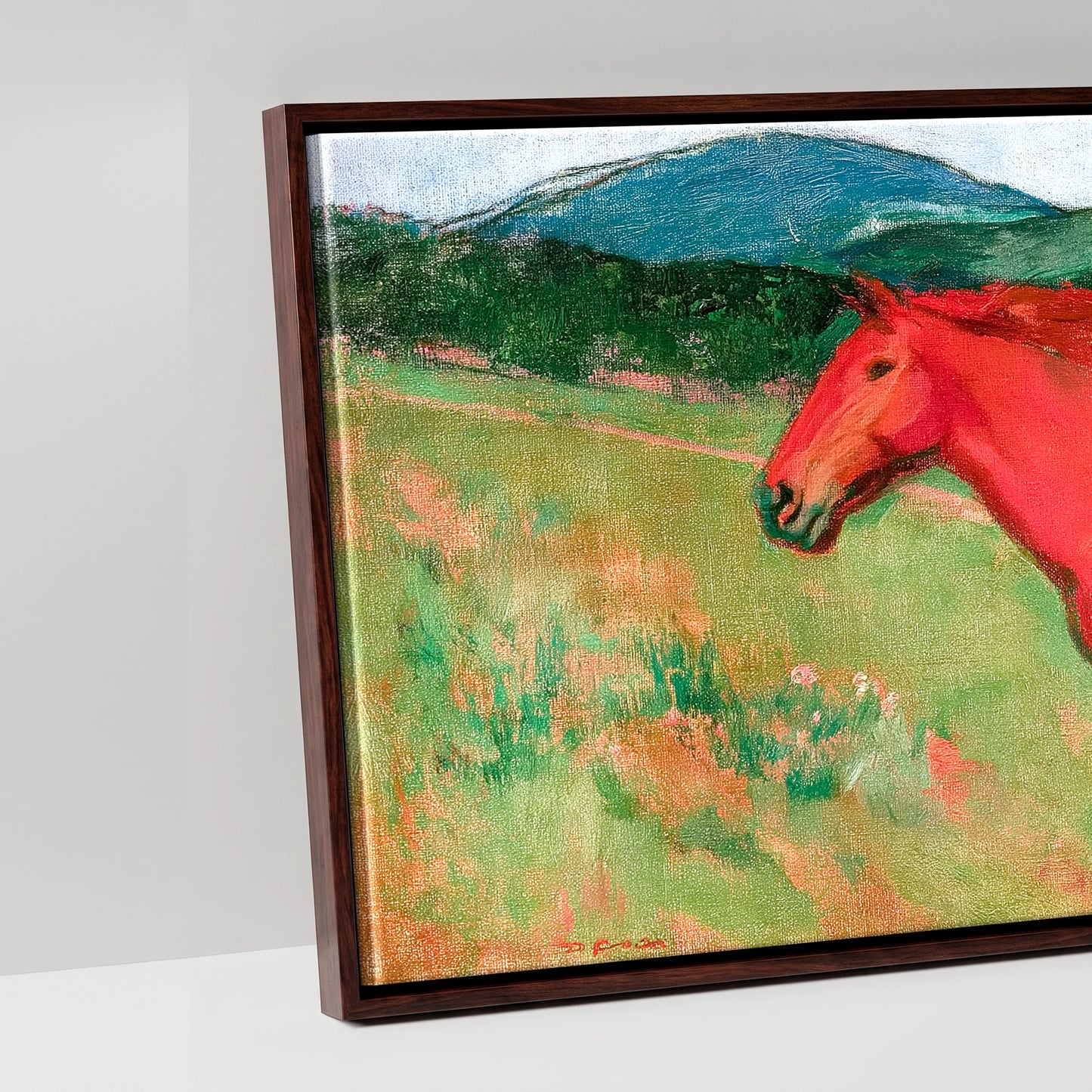 The Crimson Gallop - artwork detail in a brown float frame