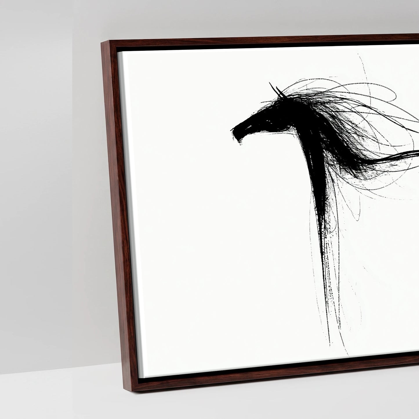 Crimson Streak Equines - artwork detail in a brown float frame