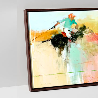 Vibrant Polo Pursuit - artwork detail in a brown float frame