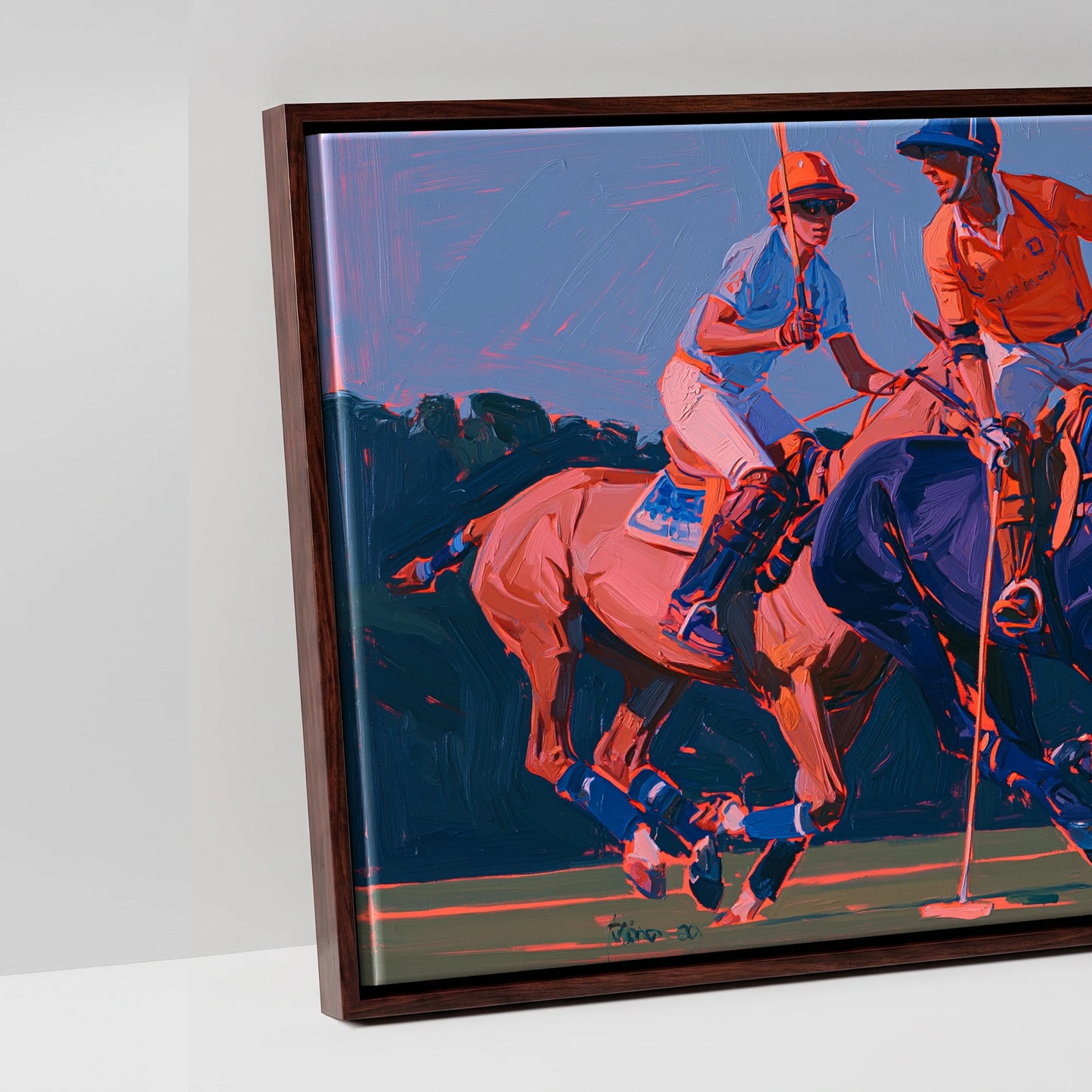 Vibrant Polo Charge - artwork detail in a brown float frame