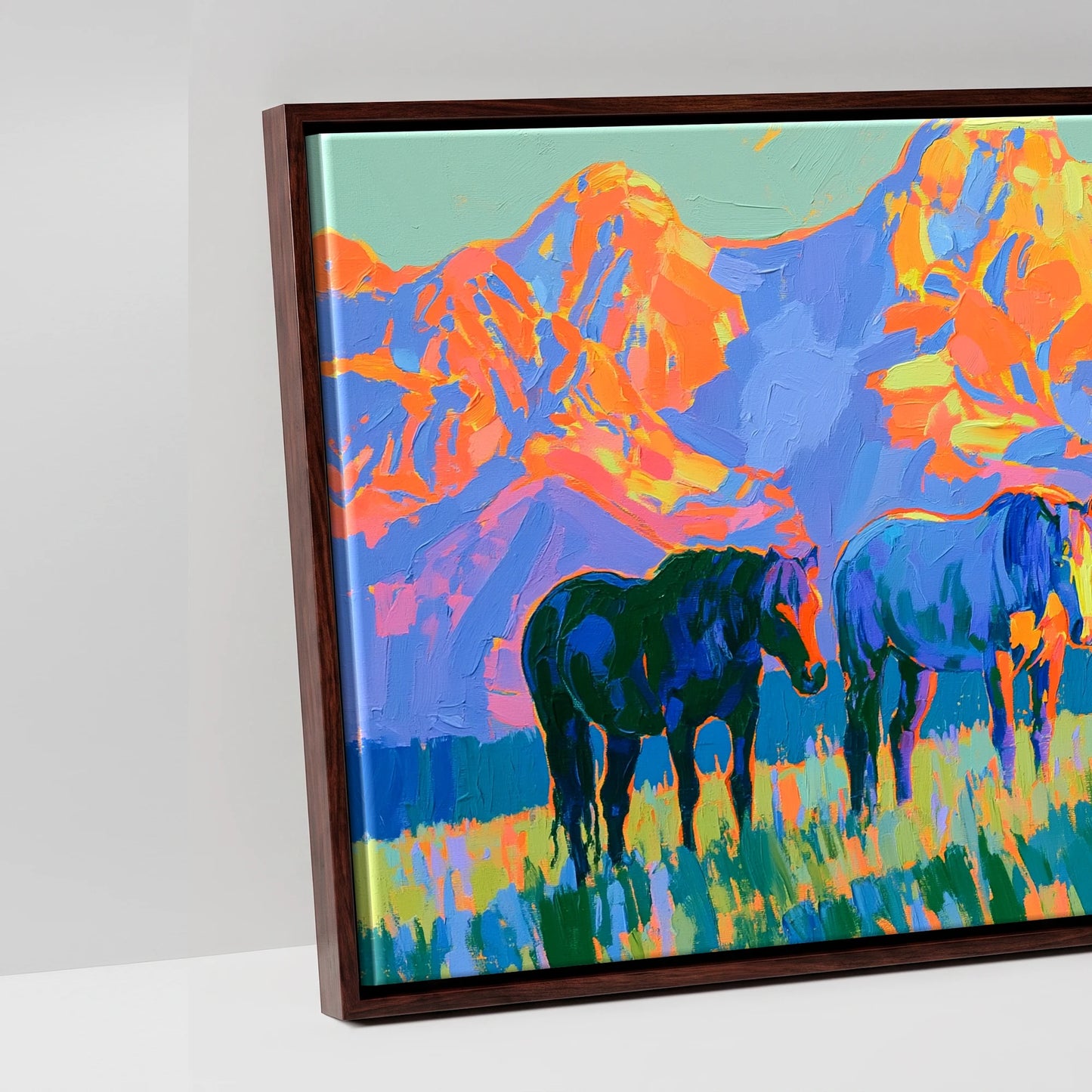 Painted Mountain Pasture - artwork detail in a brown float frame