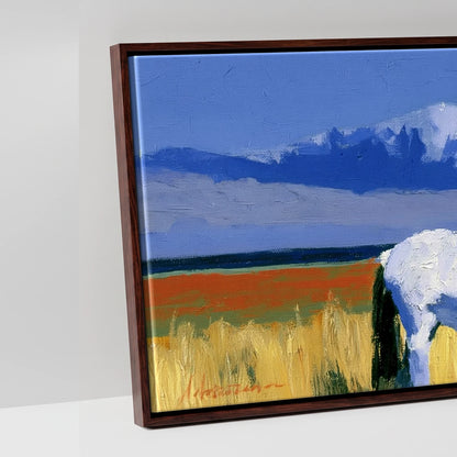 Vibrant Alpine Pasture - artwork detail in a brown float frame