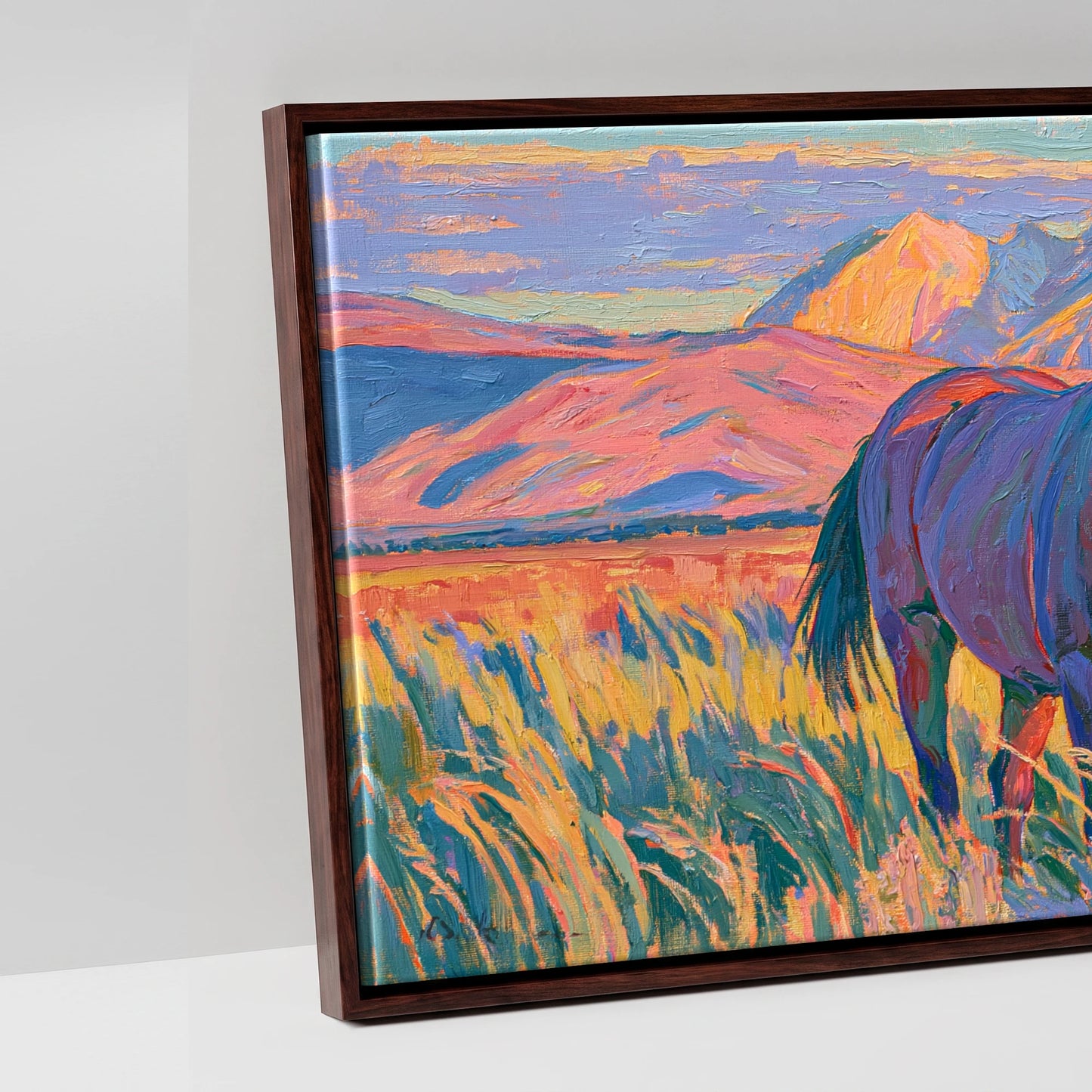 Vibrant High Country Grazing - artwork detail in a brown float frame