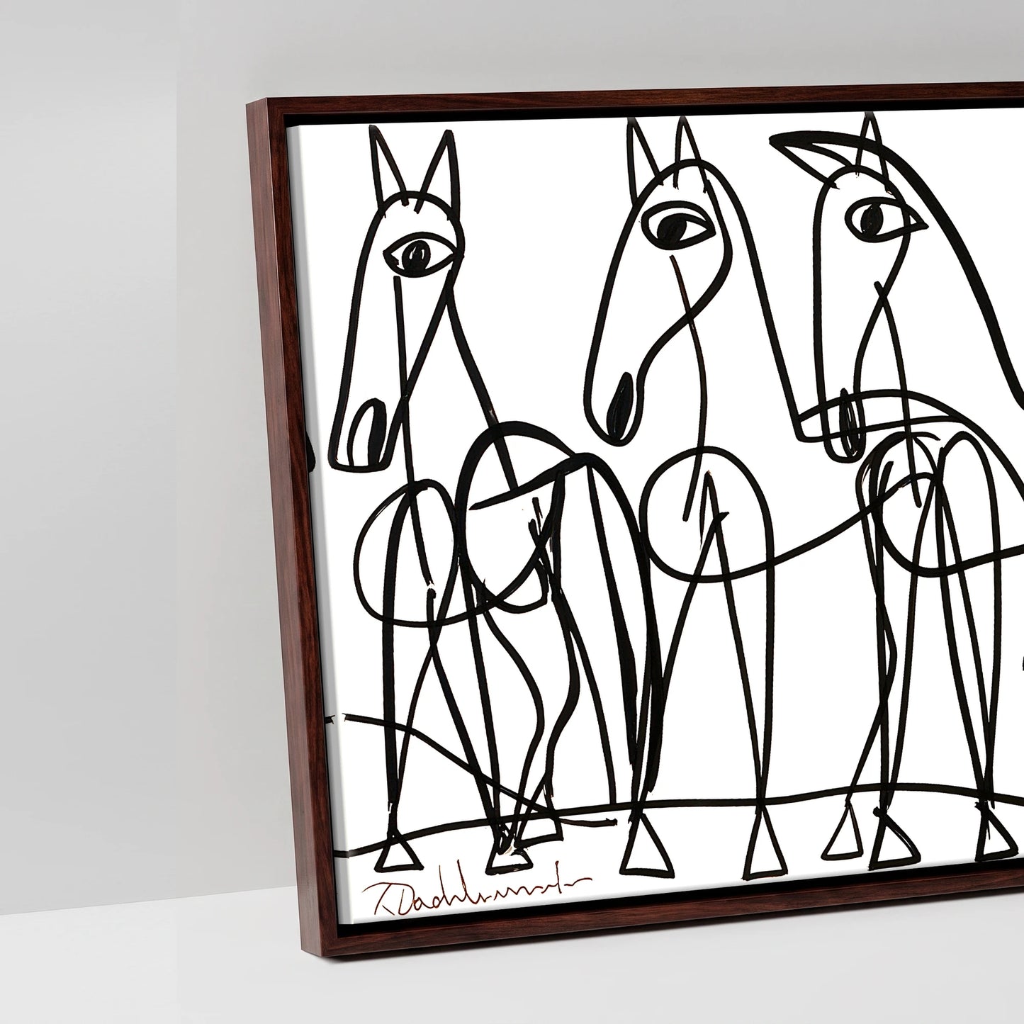 The Line Drawn Herd - artwork detail in a brown float frame